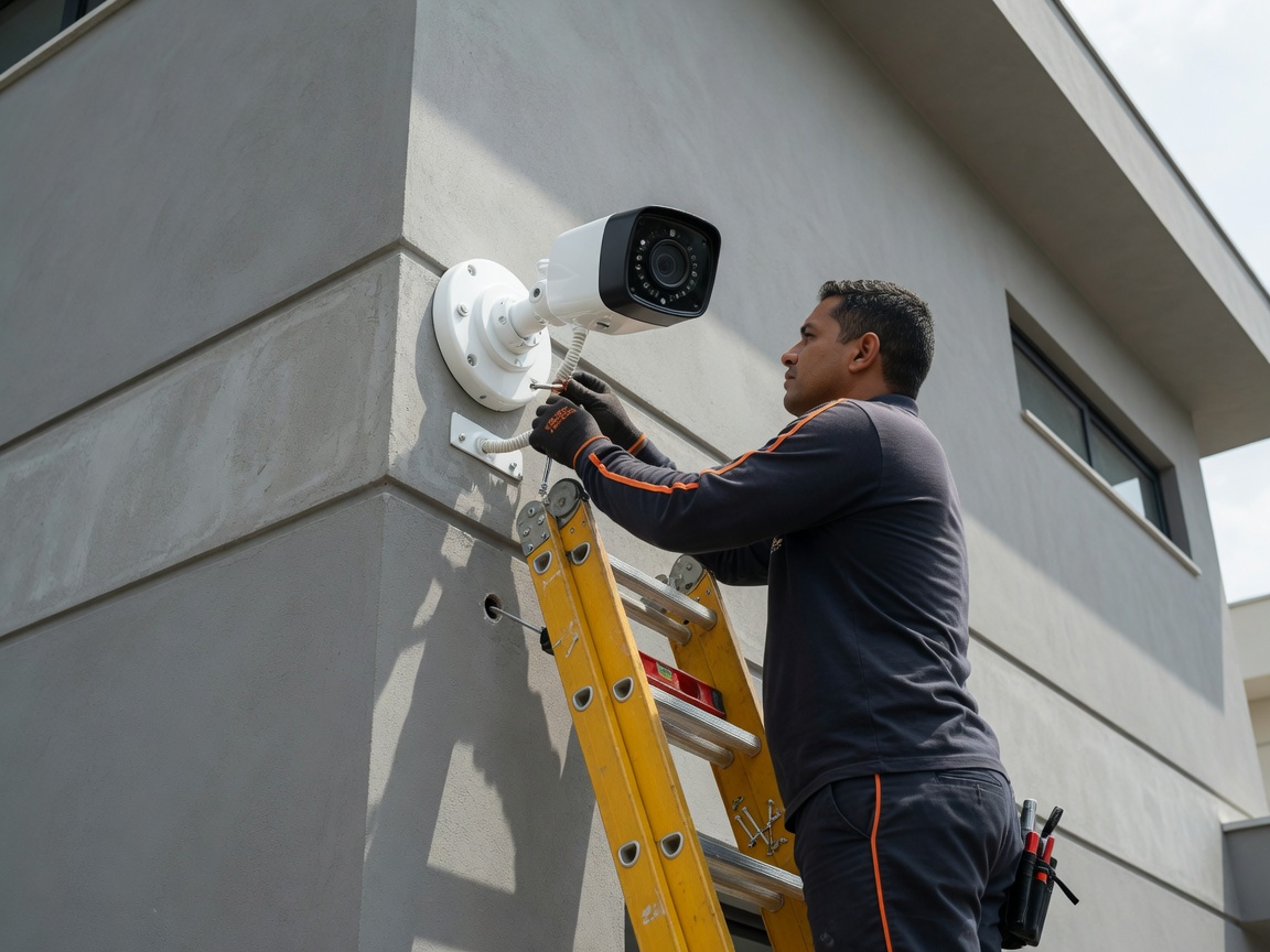 Técnico instalando câmera de segurança em residência